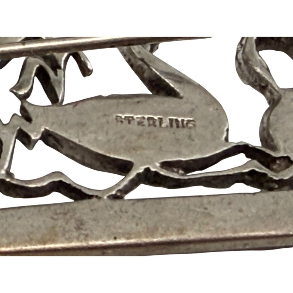German Vintage Sterling Silver Marcasite Bar Pin Swans Motif 14 grams - Picture 3 of 7